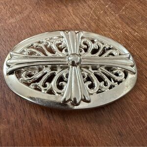 VTG Silver Chrome Cross Oval Belt Buckle Goth Grunge Ornate Y2K Streetwear